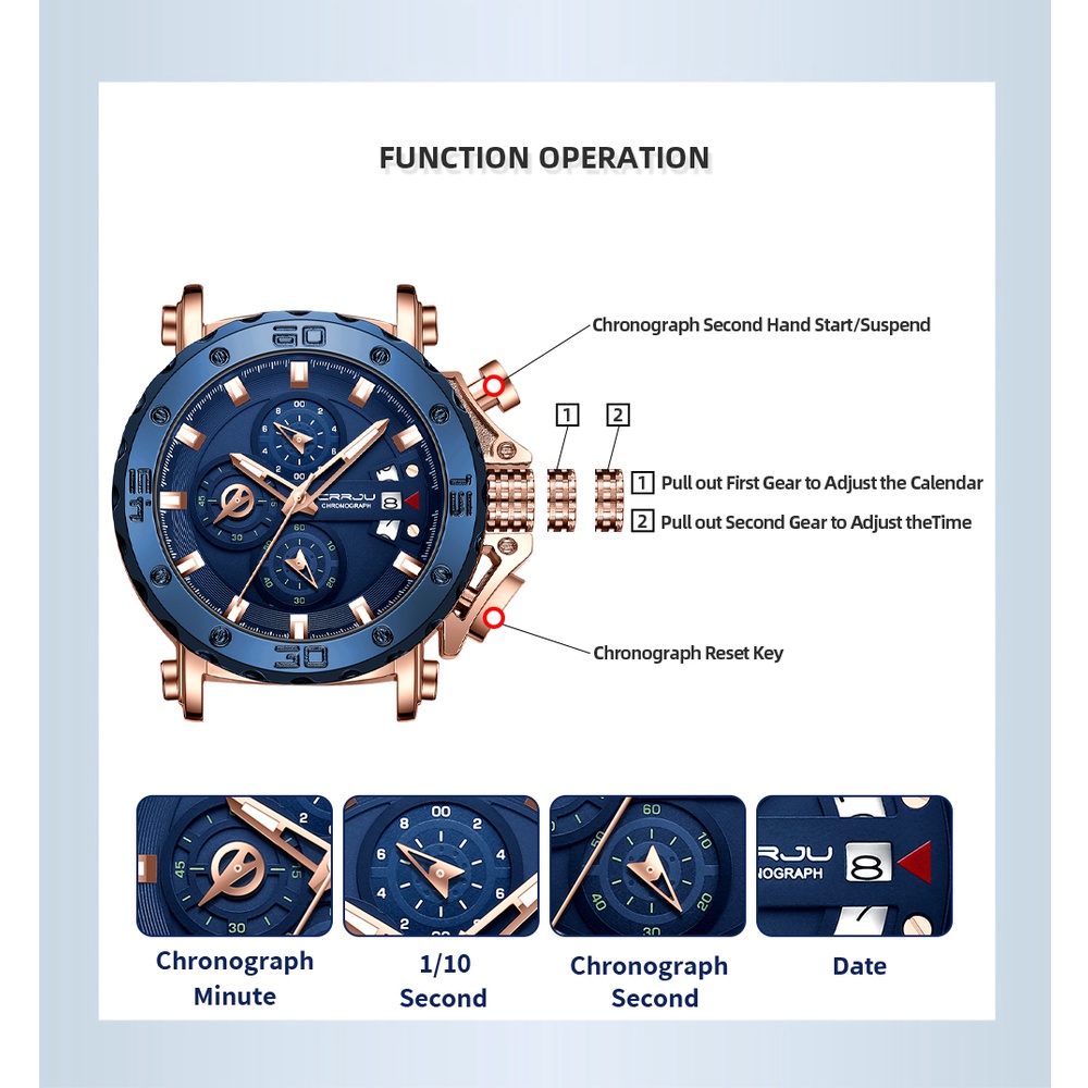 Đồng hồ quartz CRRJU 2294S chất liệu thép không gỉ đa năng chống thấm nước