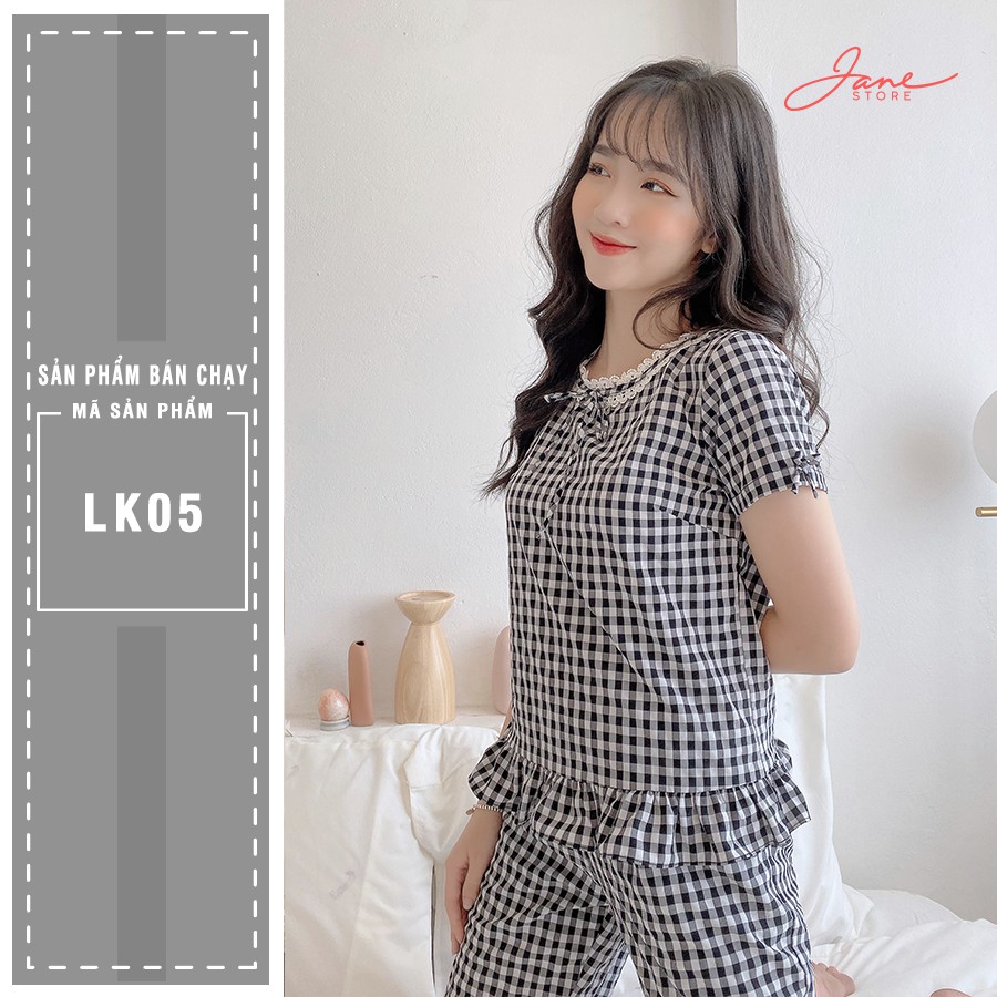 Bộ đồ ngủ nữ mặc nhà kẻ caro Set đồ bộ nữ màu đen quần lửng Jane LK05