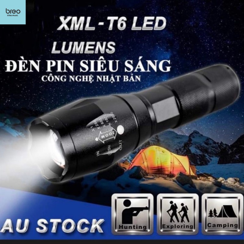 [Tặng Pin + Sạc + Hộp] Đèn Pin Siêu Sáng T6 UltraFire Led Cree XML breo market Hợp Kim Chống Nước Zoon xa Full box | BigBuy360 - bigbuy360.vn