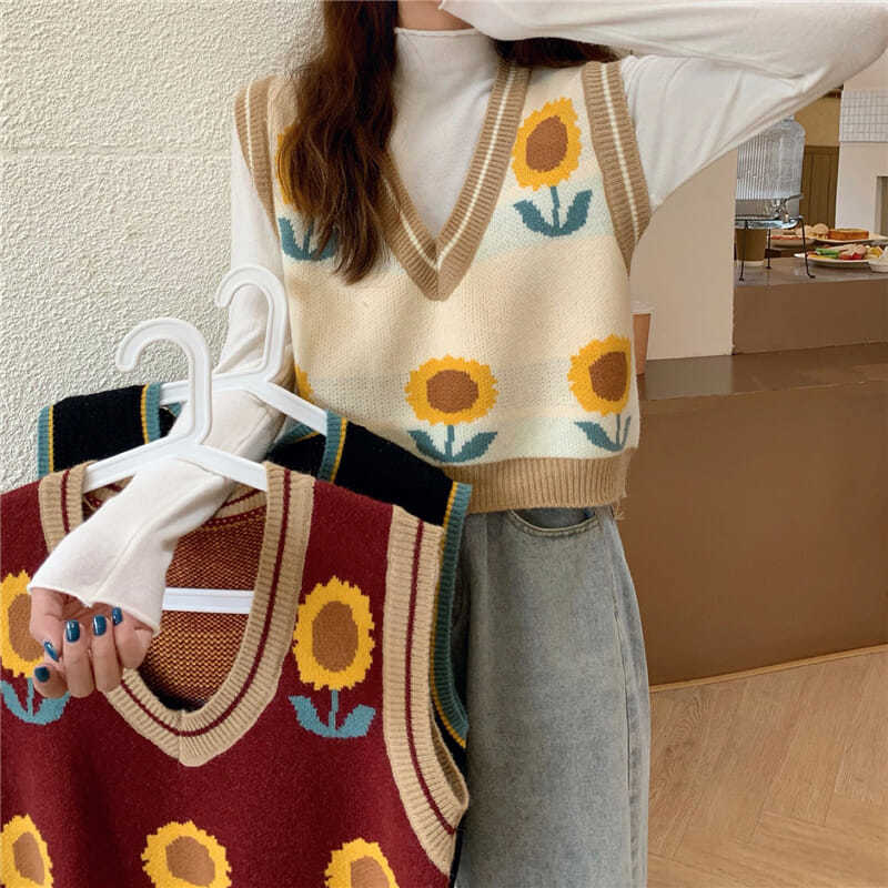 Áo sweater gile dệt kim cổ điển họa tiết hoa hướng dương dáng rộng cổ chữ V phong cách Hàn Quốc cho nữ