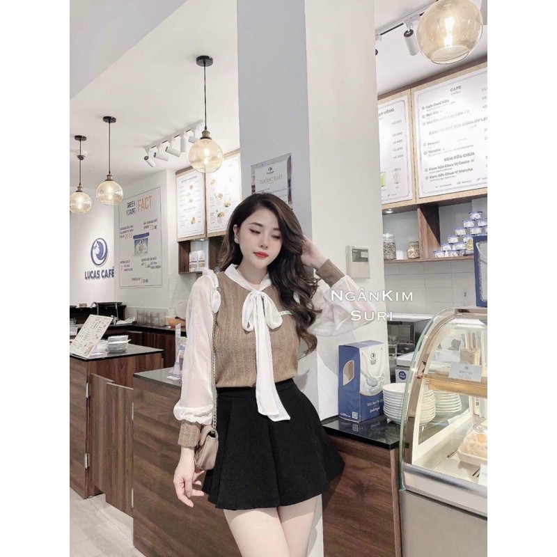 áo sơ mi phối tay voan cột nơ