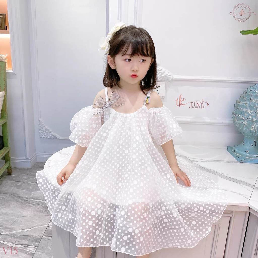 Váy Đầm Voan Trắng Chấm Bi Trễ Vai Cho Bé Gái Từ 10-18kg [V15]