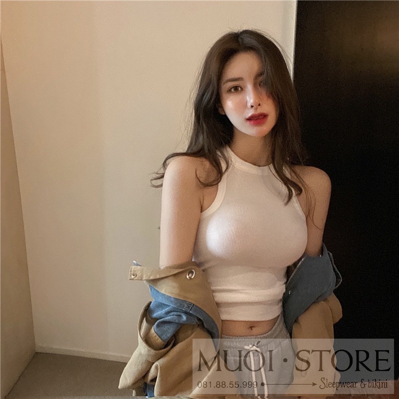 Áo thun croptop cổ bán nguyệt, áo 2 dây sat nách dáng lửng ôm body hàng Quảng Châu Muối Store A07