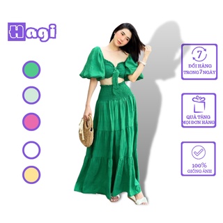 Đầm váy maxi đi biển đũi áo nhún xoè tay phồng set áo croptop tay bồng chân váy dài đi chơi đi biển xanh lá hồng trắng