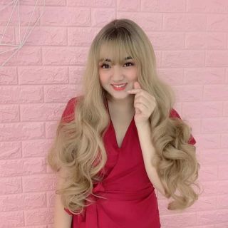 Tóc giả nguyên đầu xoăn dài mầu vàng kim tặng kèm lưới ( Hình thật 100%)