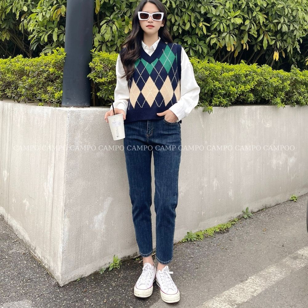 Quần bò baggy nữ xạnh đậm Campo lưng cao phong cách trẻ trung siêu hack dáng