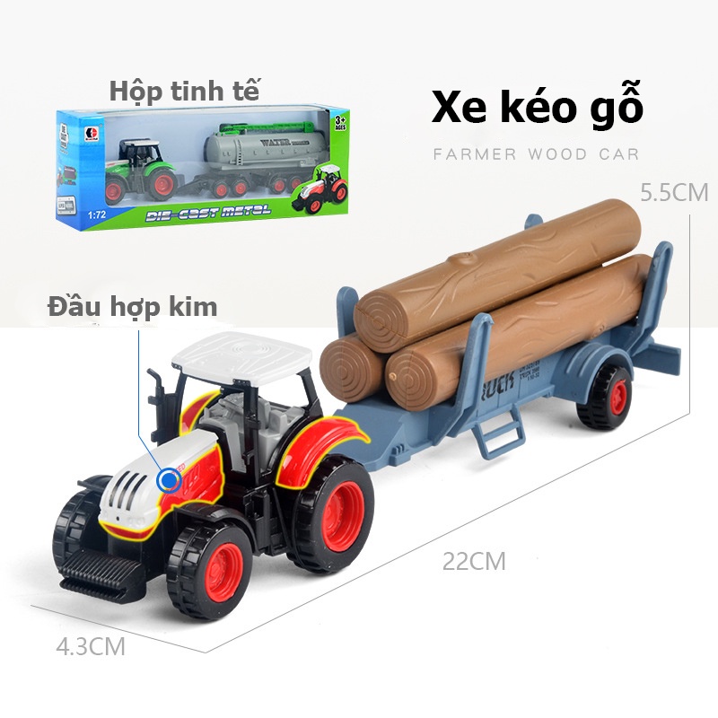 Xe kéo nông trại đồ chơi KAVY cho bé đầu xe hợp kim mô phỏng vận chuyển, chở gỗ, máy gặt