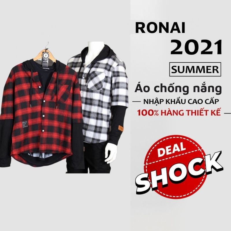 Áo sơ mi nam nữ Unisex kẻ dạ caro có mũ cao cấp Ronai, from rộng phong cách Hàn