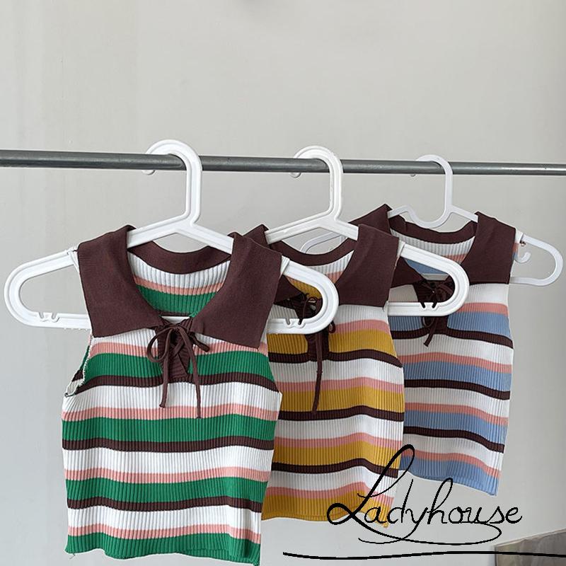 Áo Croptop Hai Dây Dệt Kim Họa Tiết Kẻ Sọc Nhiều Màu Sắc Thời Trang Mùa Hè Cho Nữ