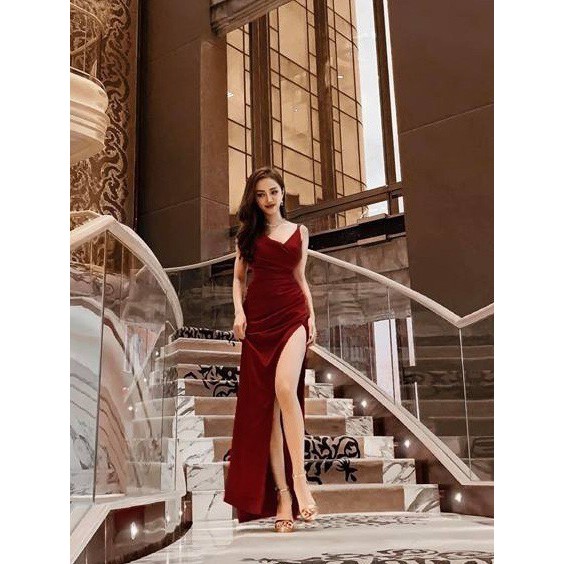 Đầm dạ hội kiểu hai dây chéo tà sang trọng