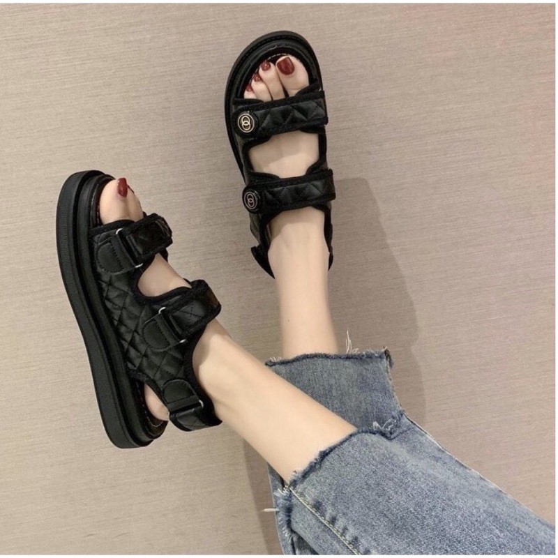 (freeship) dép sandal nữ quai dán kẻ mắt cáo thời trang