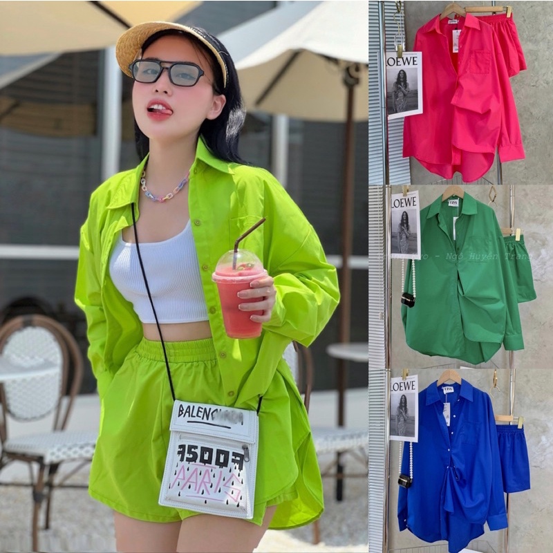 Set Thô 2 Món Free Size Trang Kyo Sơ Mi Form Rộng Mix Short Cạp Chun - hàng cao cấp - thiết kế độc quyền - ảnh thật