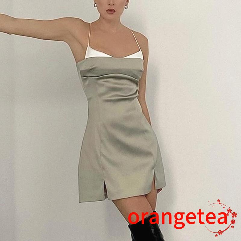 Đầm Hai Dây Lưng Thấp Xẻ Tà Màu Sắc Tương Phản Thời Trang Cho Nữ