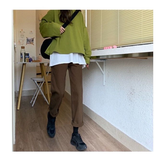 Quần jean suông dáng baggy màu khaki nâu dễ mặc, che khuyết điểm-344