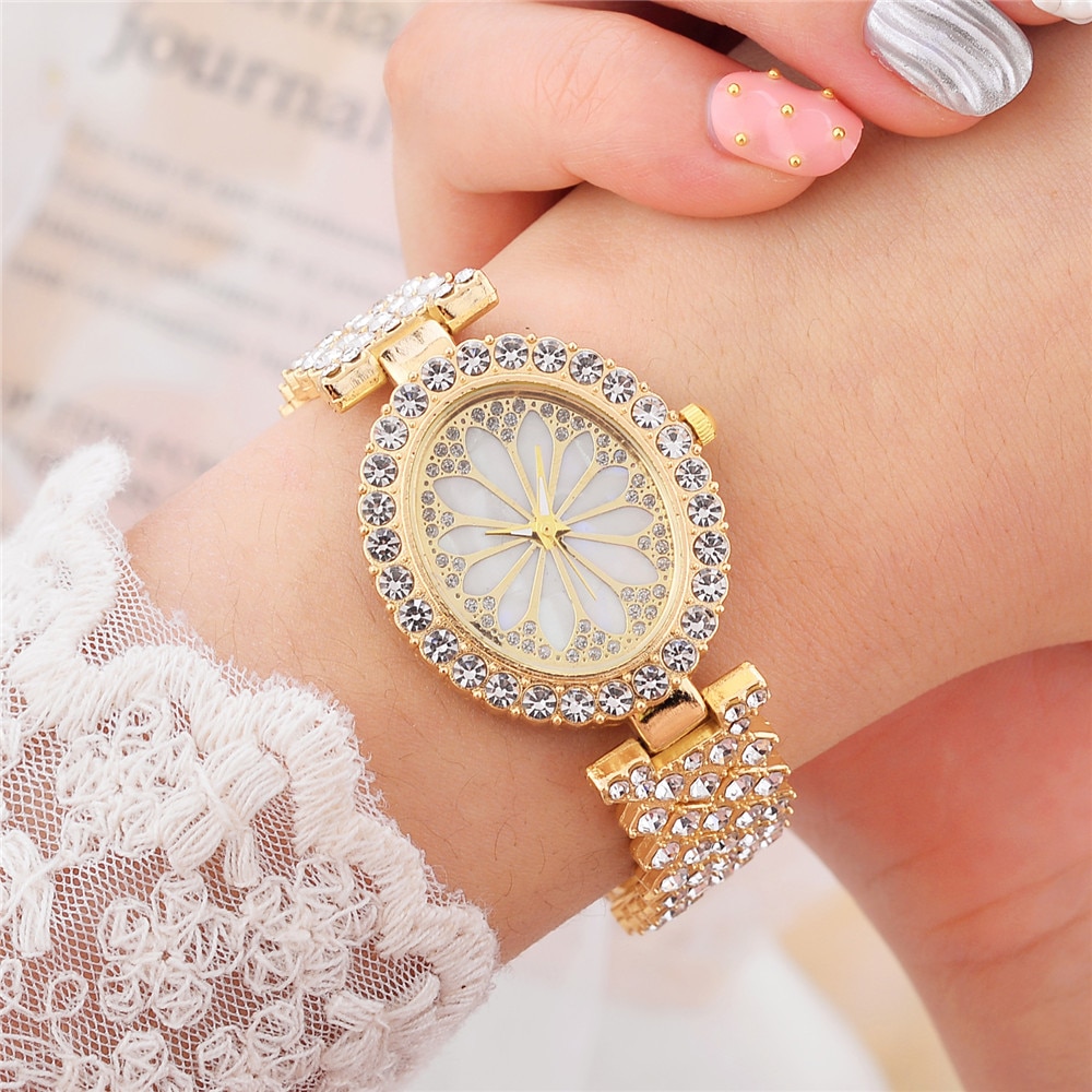 Đồng hồ quartz dây thép không gỉ mặt hình bông hoa đính đá thời trang sang trọng cho nữ