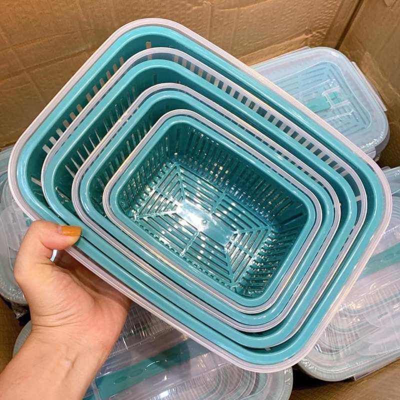 SET 5 HỘP ĐỰNG ĐỒ TỦ LẠNH ĐA NĂNG 2 LỚP CAO CẤP  CÓ NẮP ĐẬY ĐỰNG THỰC PHẨM ( Màu Xanh Nhạt )