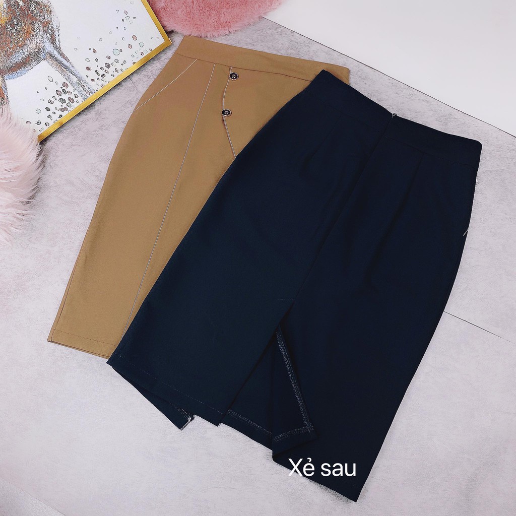 Chân váy công sở nữ kiểu dáng suông đính 3 nút viền sóng chỉ trắng CHUU CV5050
