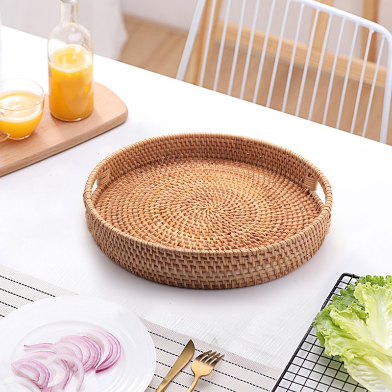 Khay Phục Vụ Hình Tròn Bằng Mây Đan Có Tay Cầm Trang Trí Nội Thất