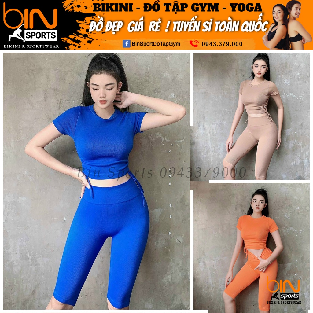 Set bộ đồ tập gym yoga nữ dệt kim áo crop ngắn tay dây rút, quần đùi ngố chun mông cao cấp Bin Sports BL029