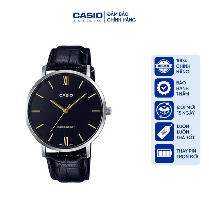Đồng hồ Nữ Casio LTP-VT01L-1B, đồng hồ chính hãng, dây da đen mặt đen