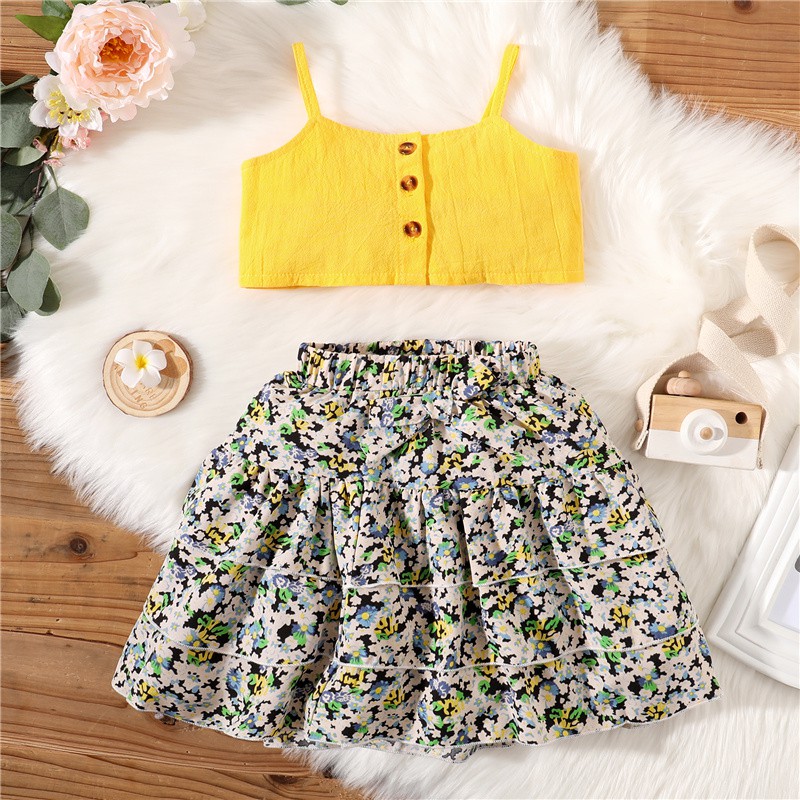 Kid Toddler Baby Girl Clothes Set Strap Top + Floral Print Skirt 2PCS Summer Suit