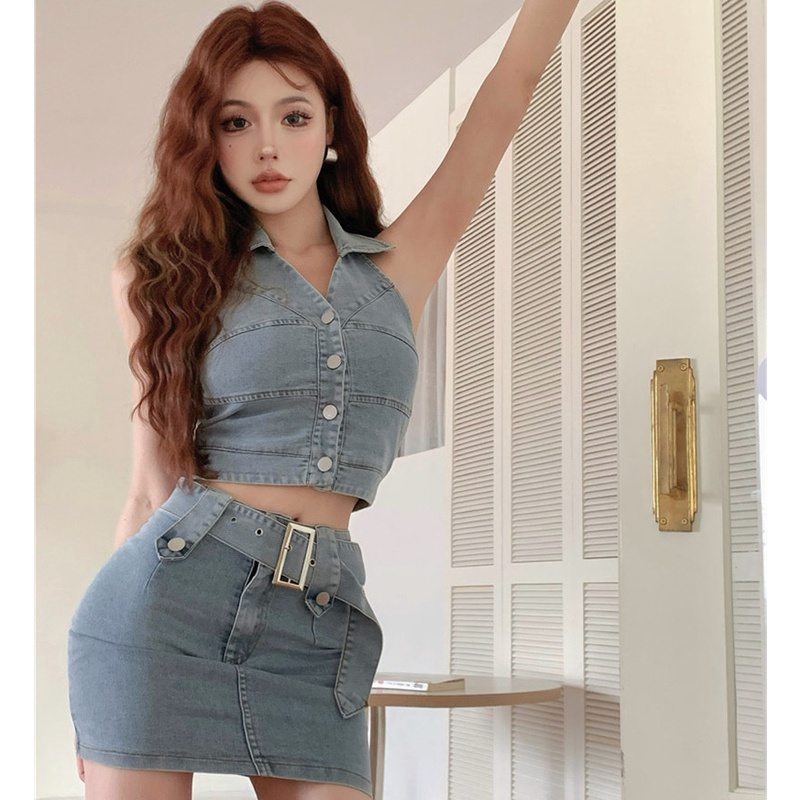 Set Áo Denim Và Chân Váy Denim Thời Trang Hè Xinh Xắn Cho Nữ