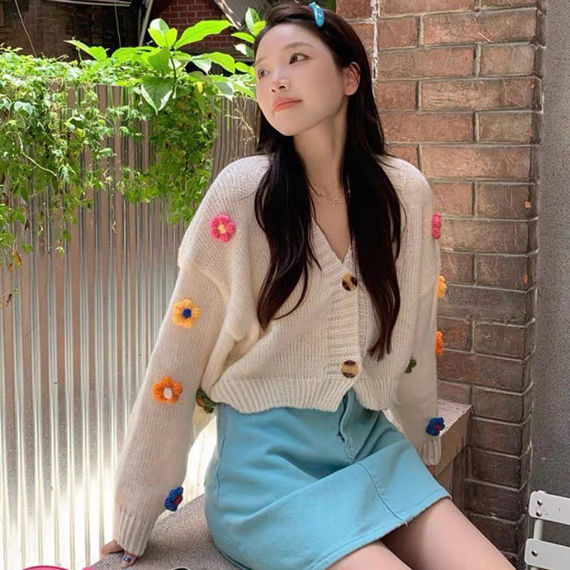 Áo len cardigan hoa thêu nổi, áo cardigan len mỏng dáng lửng thêu hoa hot trend - AL22