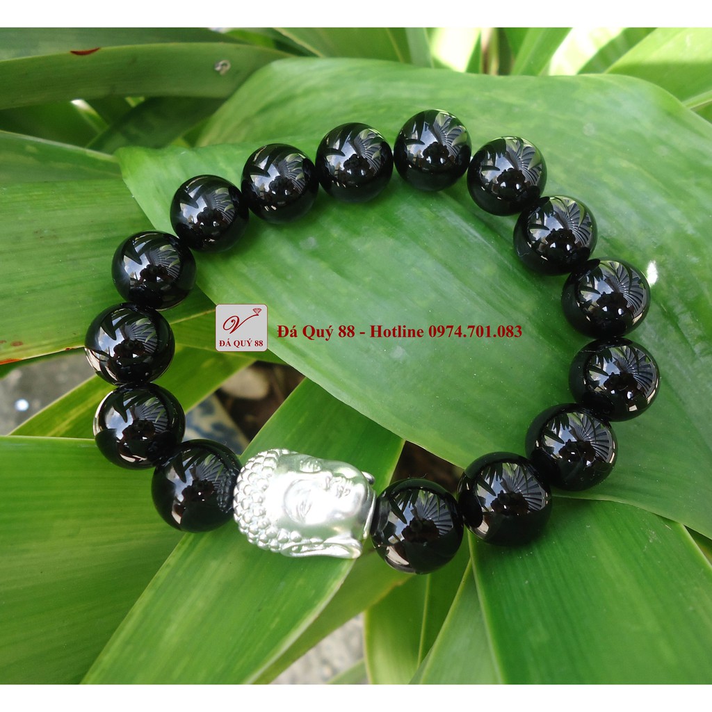 Vòng phong thủy đá núi lửa obsidian đen tự nhiên 12mm mix phật bạc ta