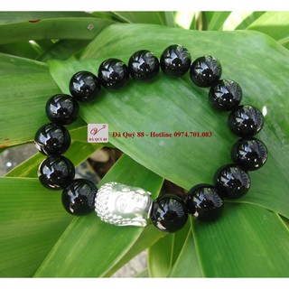 Vòng phong thủy đá núi lửa obsidian đen tự nhiên 12mm mix phật bạc ta