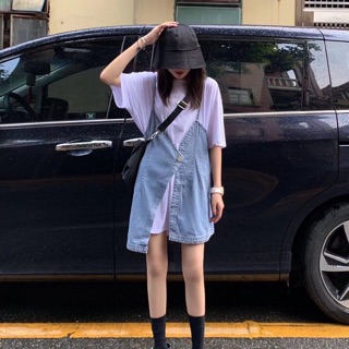 Set áo phông giấu quần mix denim vạt lệch ulzzang