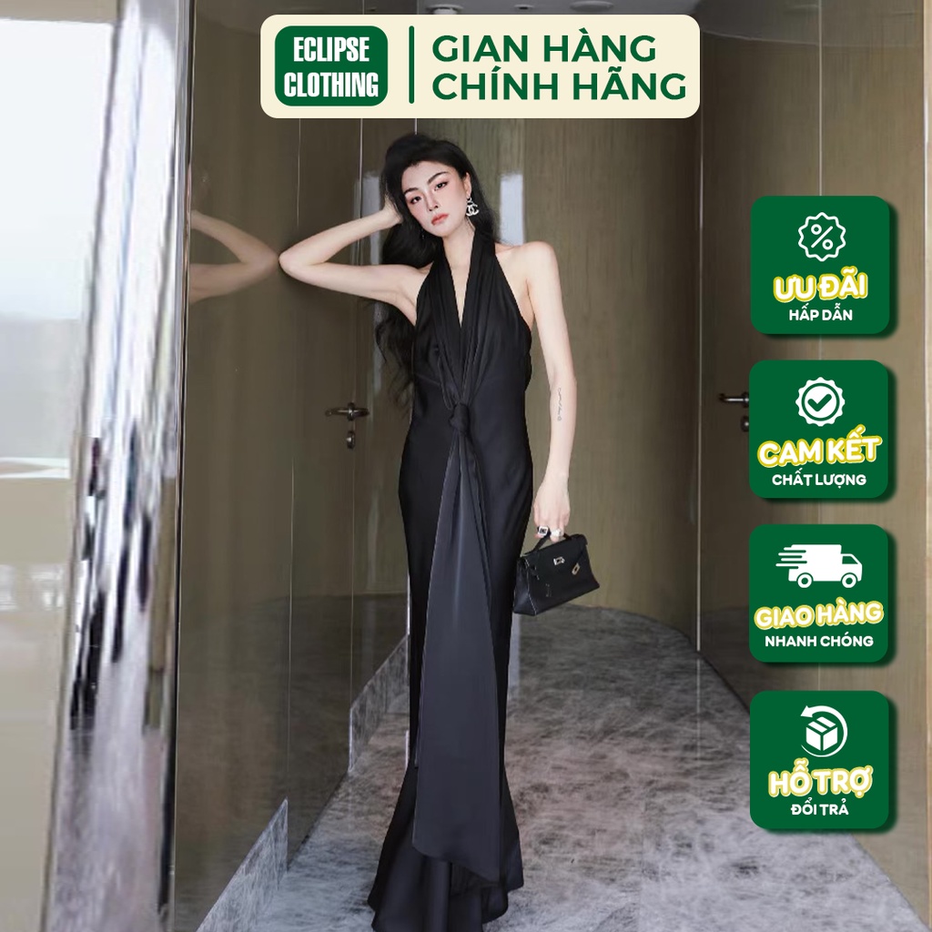 Váy Yếm Lụa Buộc Khăn Đen Chất Lụa Cao Cấp Mát Mẻ Thiết Kế Hở Lưng Quyến Rũ - Phù Hợp Đi Du Lịch Dự Tiệc