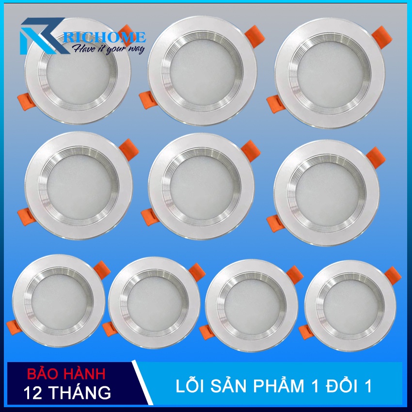 Bộ 10 đèn led âm trần 7w tròn 3 màu (viền bạc) ánh sắng trắng -vàng nắng - vàng ấm