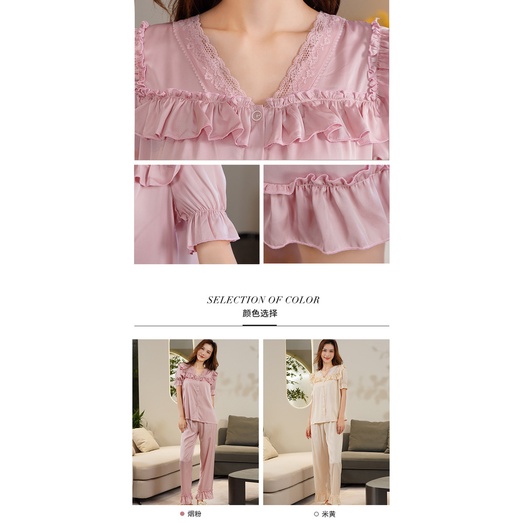 Bộ Đồ Ngủ Pijama Ngắn Tay Cổ Búp Bê Bằng Lụa Mát Phong Cách Công Chúa Dành Cho Nữ