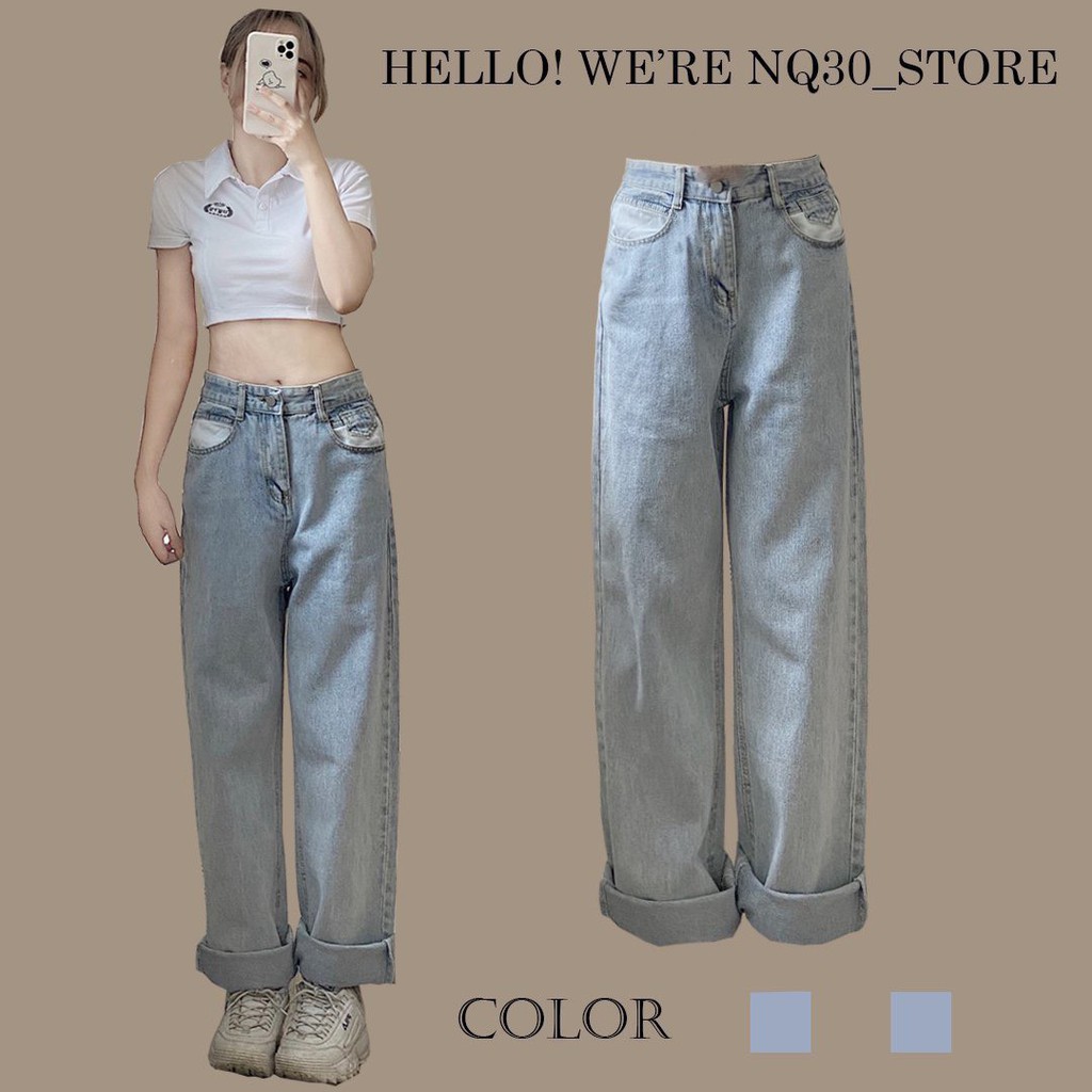 Quần Jeans Ống Suông NQ30 Ống Rộng Cạp Cao Mix Túi Trắng Xanh Nhạt Ullzang