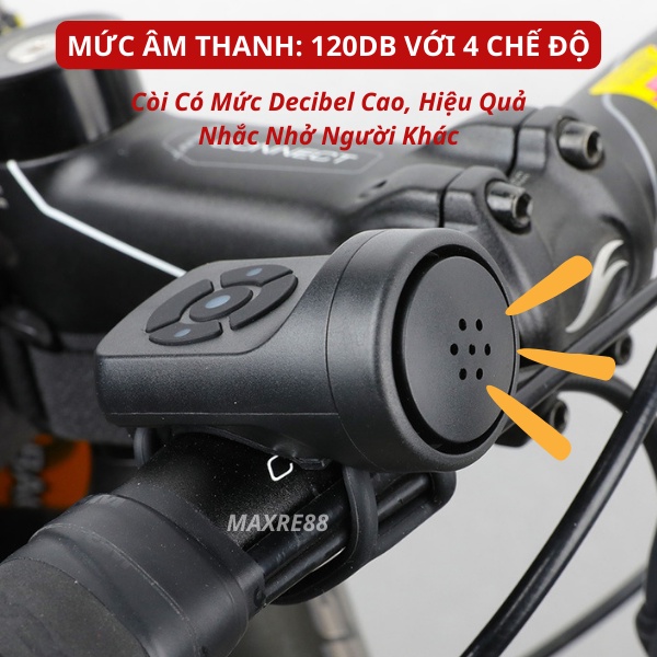 Còi xe đạp thể thao 4 chế độ âm thanh 120db chống trộm chống mưa sạc USB dễ dàng lắp đặt