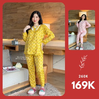 Đồ bộ bầu dài bèo ngực nơ 2in1 có khóa kéo cho bé ti