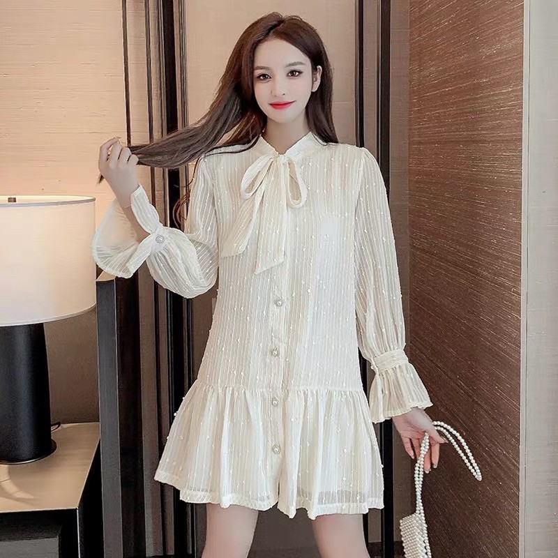 SẴNĐầm xoè babydoll tiểu thư sang chảnh|Đầm ulzzang tay dài cổ nơ xinh xắn dạo phố