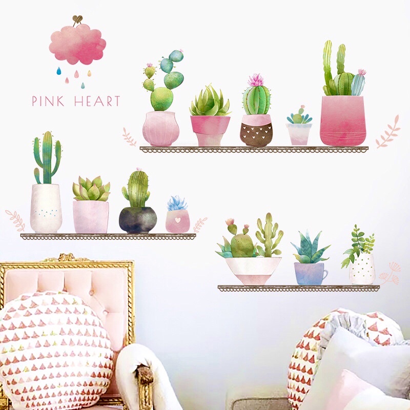 Decal dán tường, Tranh dán tường chậu xương rồng màu hồng sẵn keo dán, chống thấm nước
