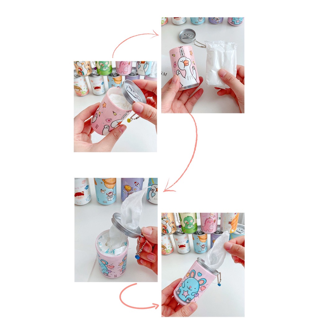 Khăn giấy ướt hình lon nước mini bỏ túi 30 tờ có dây treo tiện dụng nhiều mẫu đáng yêu
