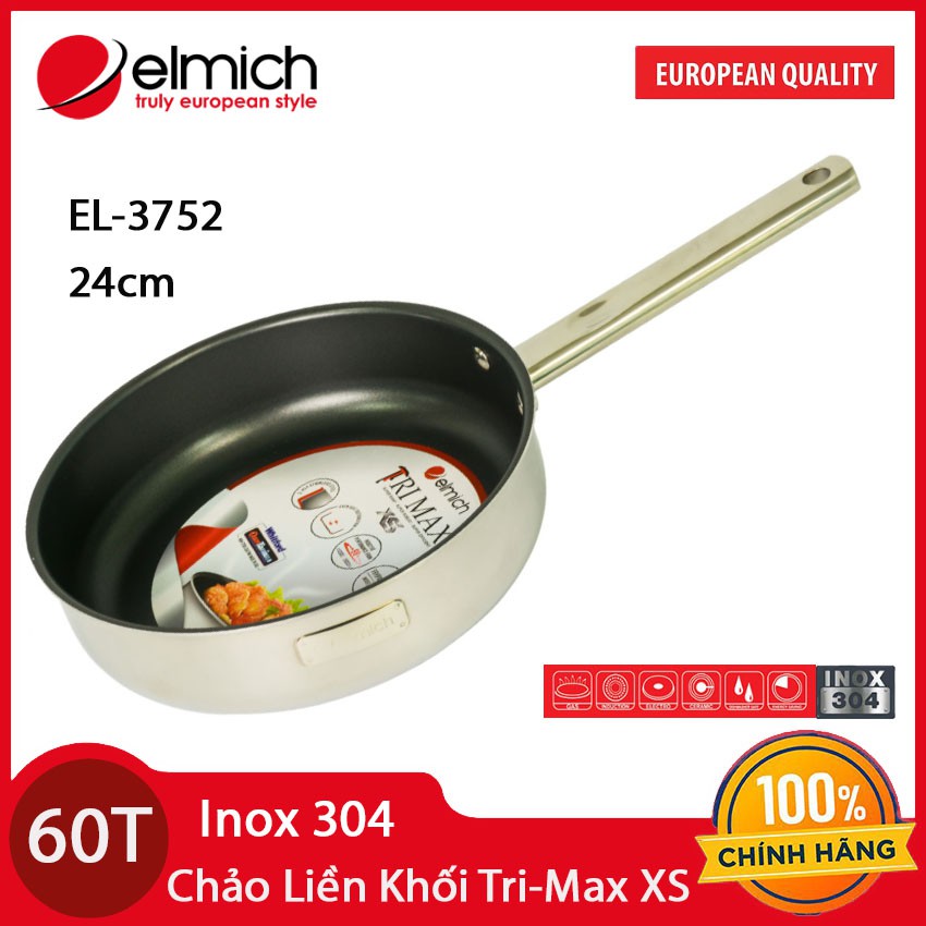 Chảo chống dính cao cấp Inox 304 đáy liền khối Elmich Tri-Max XS EL-3752 đường kính 24cm chính hãng, bảo hành 5 năm