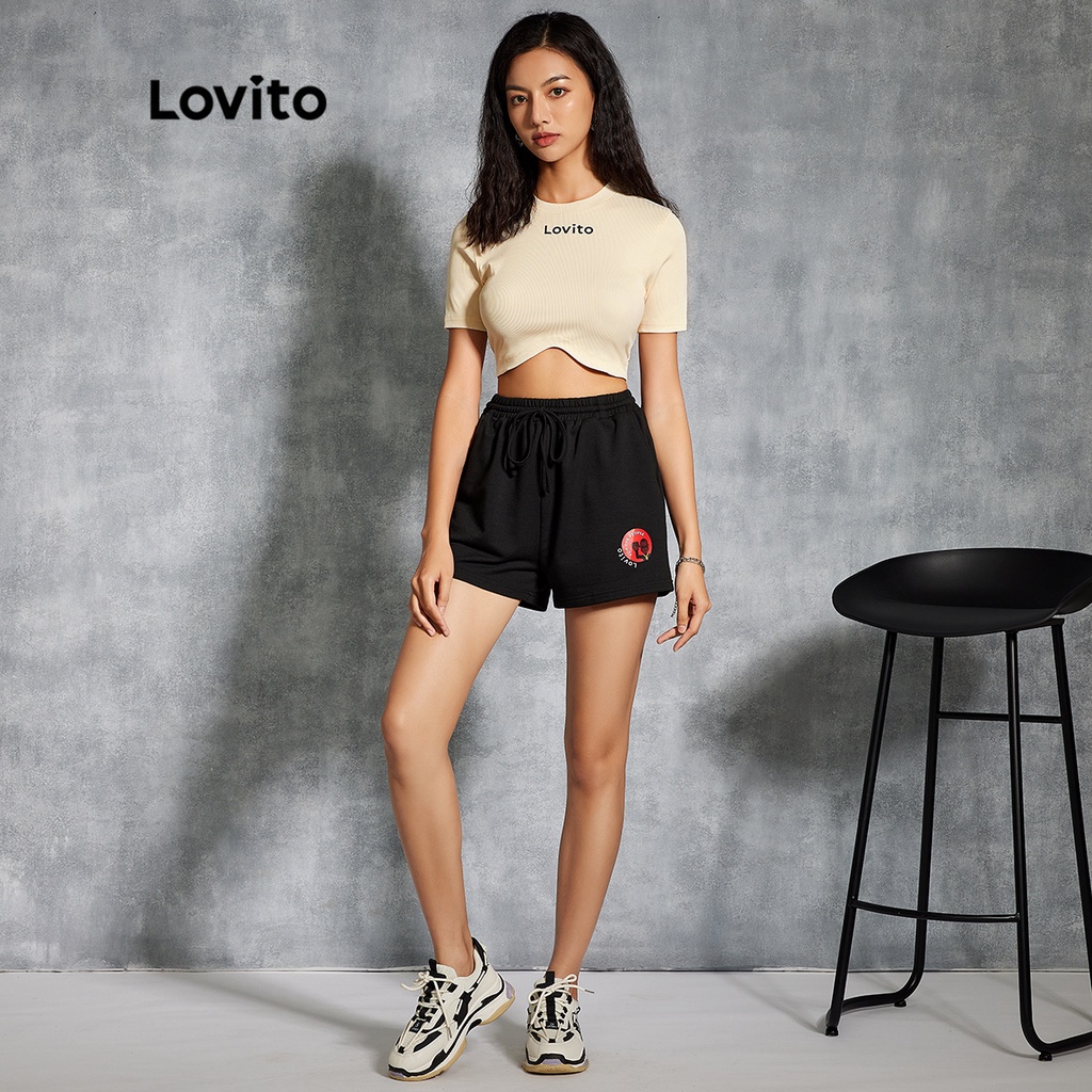 Lovito Áo Thun Crop Top In Chữ L20E013 (Màu Be)