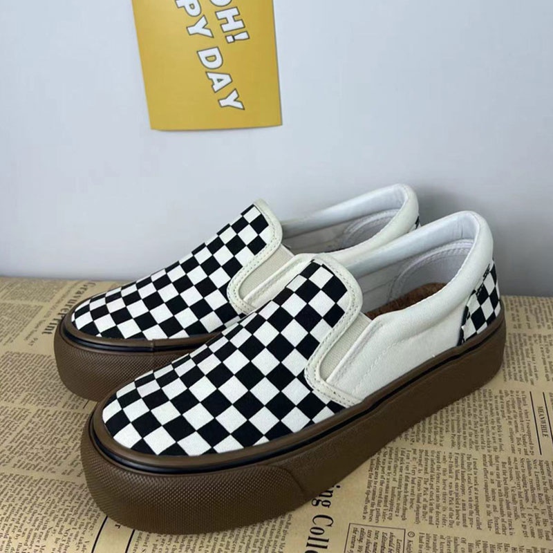 Giày Thể Thao canvas Đế Dày Họa Tiết Caro Phong Cách retro Hàn Quốc Cho Nữ
