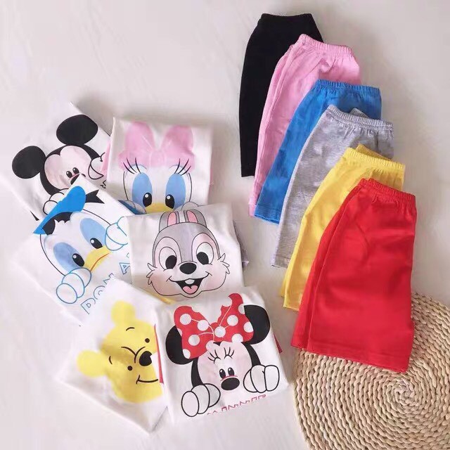 BỘ THUN CỘC TAY HÈ CHẤT COTTON ĐỦ MÀU IN HÌNH MICKEY, DONAN  BÉ TRAI BÉ GÁI 1-5 TUỔI ĐỒ BỘ CHO BÉ MẶC NHÀ CỘC TAY