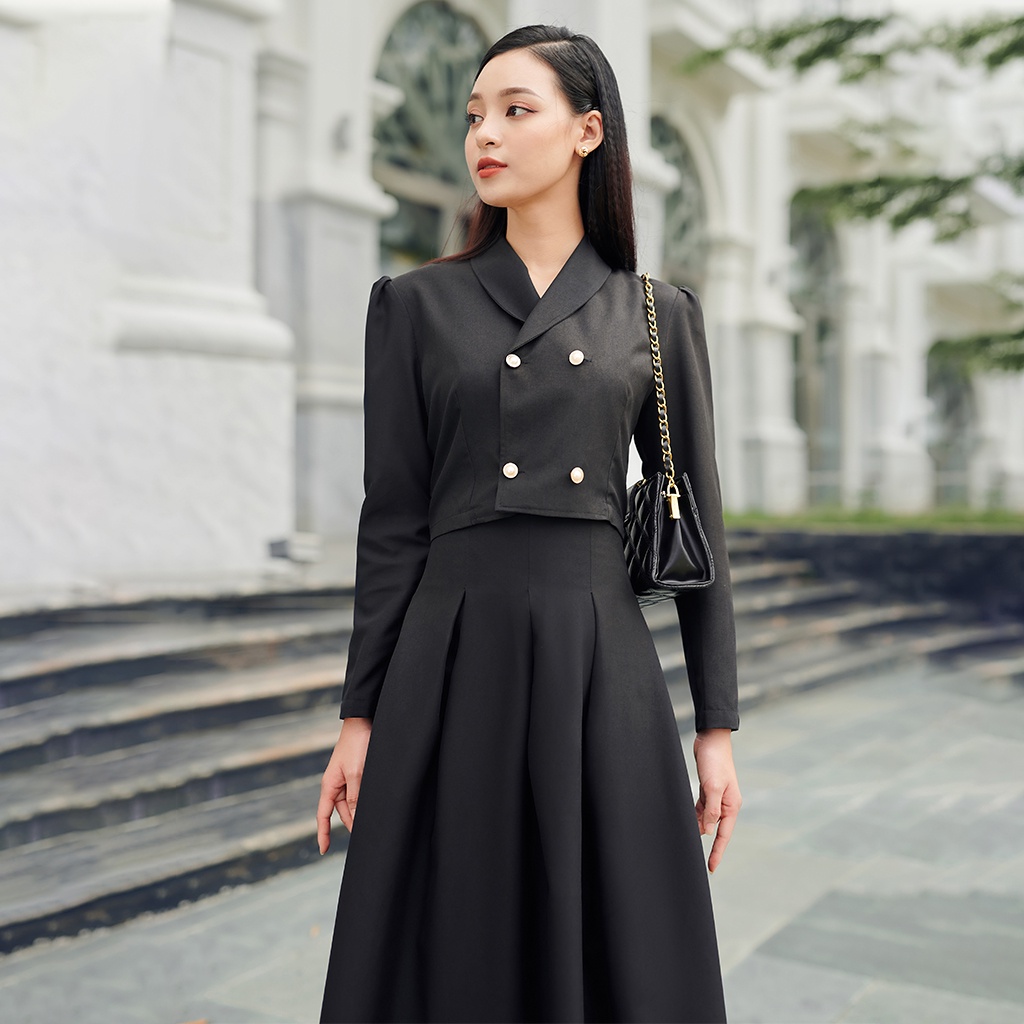 Váy Công Sở Dài Tay LEOSWEARING Set Chân Váy Xòe Xếp Ly Có Túi 2 Bên Áo Sơ Mi Croptop Tay Dài Cổ Vest D48 | BigBuy360 - bigbuy360.vn