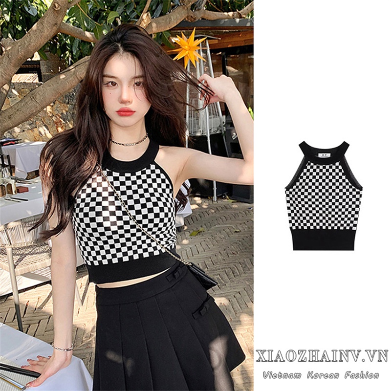 Áo croptop Xiaozhainv dệt kim không tay thiết kế quyến rũ phong cách thời trang cho nữ