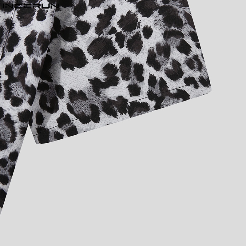 INCERUN Áo Liền Quần Tay Ngắn Dáng Rộng Họa Tiết Da Báo Thời Trang Cá Tính Cho Nam