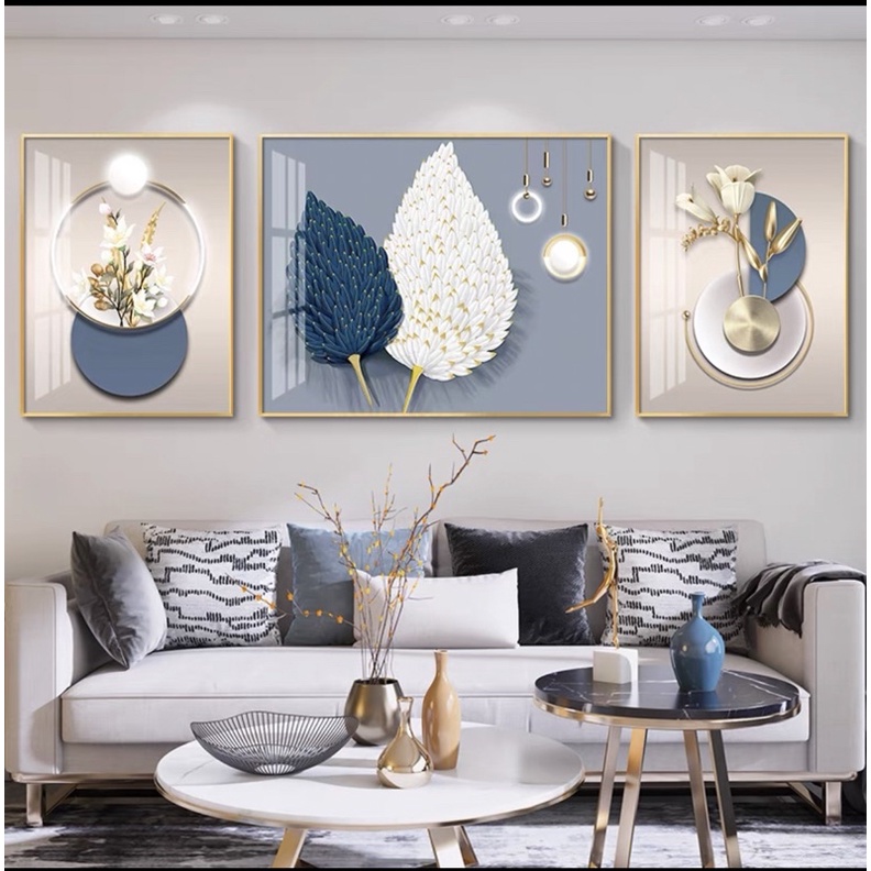 Bộ 3 Tranh Treo Tường Tráng gương Phòng Khách/ Ngủ/ Phòng ăn/ Nhà Nghỉ Hươu Nai Lông Vũ hiện đại