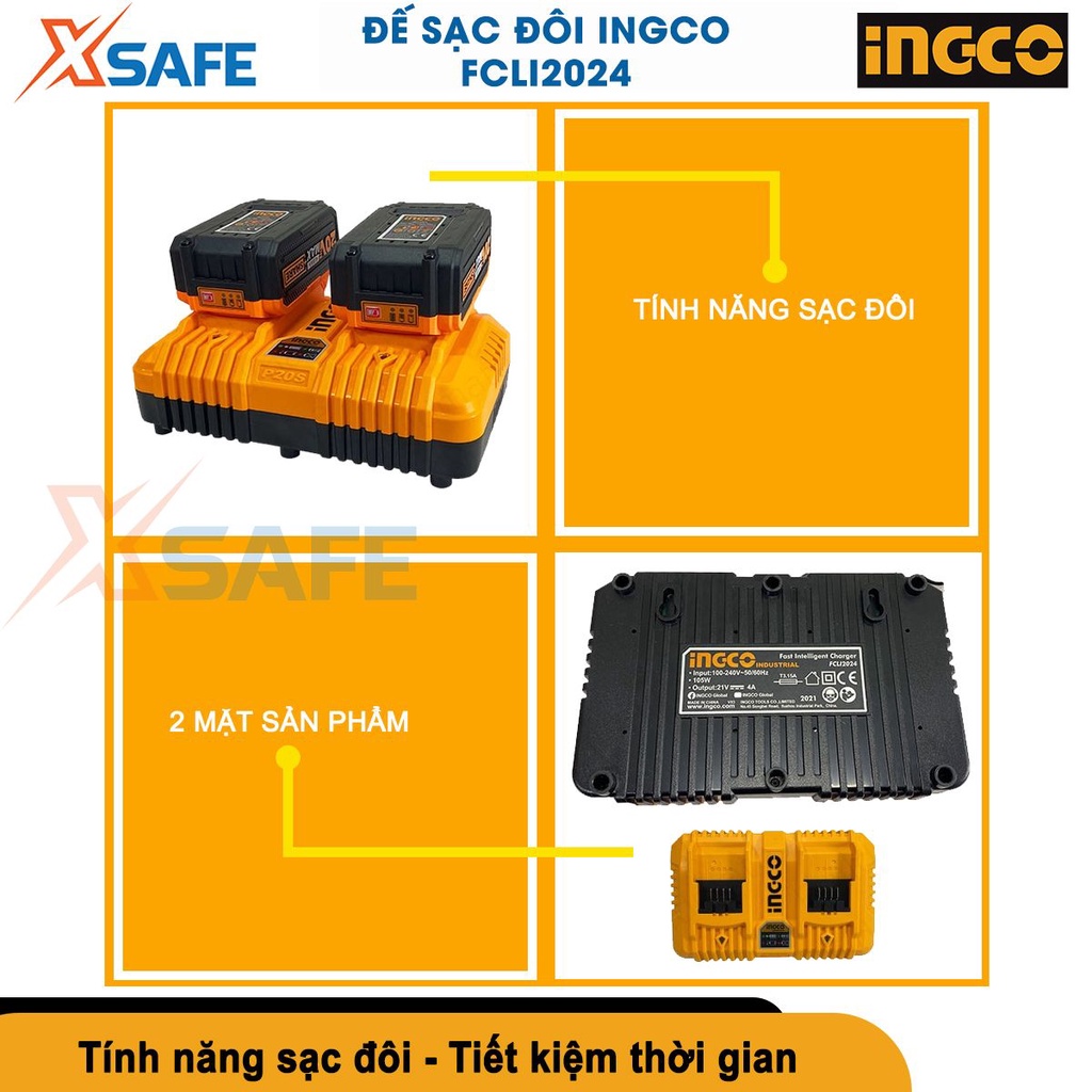 Đế sạc pin đôi siêu nhanh INGCO FCLI2024 điện áp đầu ra 21V, dòng điện 4Ah, sạc pin 2Ah 30p, pin 4Ah 1h[CHÍNH HÃNG]