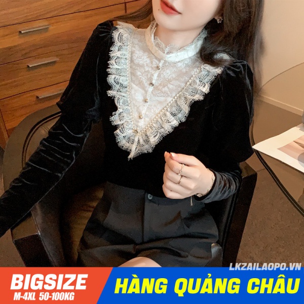 Áo sơ mi ⚡️𝐁𝐈𝐆𝐒𝐈𝐙𝐄⚡️ Áo kiểu nữ ren nhung cổ đứng tay dài mùa xuân Phong cách Pháp Thời Trang cá tính xinh đẹp quảng châu cao cấp