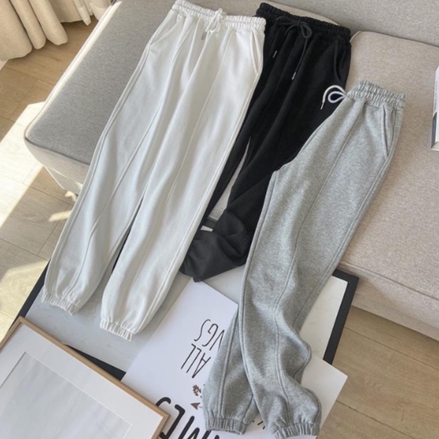 Quần Jogger Nữ Bo Gấu Gân Giữa, Vải Nỉ Da Cá, Lưng Cao Ống Rộng Phong Cách Ulzzang 3 Màu 2021 C. Novembre QJ04